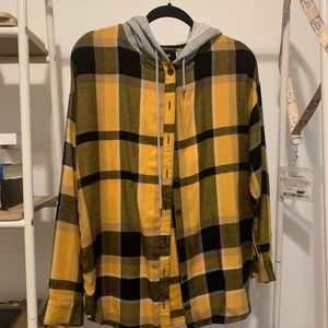 BDG yellow plaid overshirt with grey hood